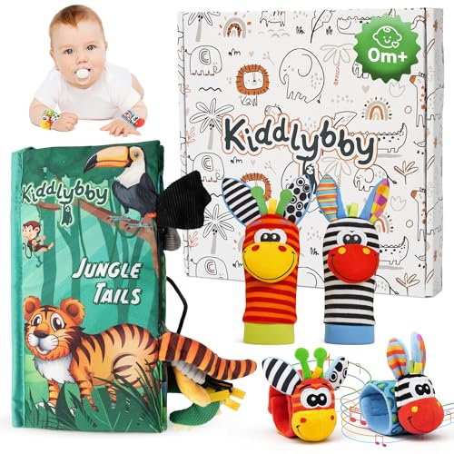 Kiddlybby Libro Sensorial Bebé 0-6 Meses con Calcetines y Sonajero | También válido de 6 a 12 meses, ideal como regalo, con texturas para explorar, certificado EN71