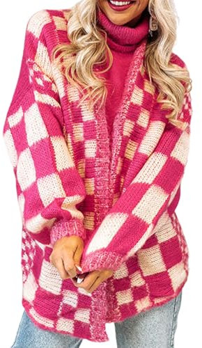 Women's Fall Knit Checked Cardigan Plaid Print Long Lantern Sleeve Open Front Loose Sweater Jacket Colour Block Cardigan (Pink, S)
