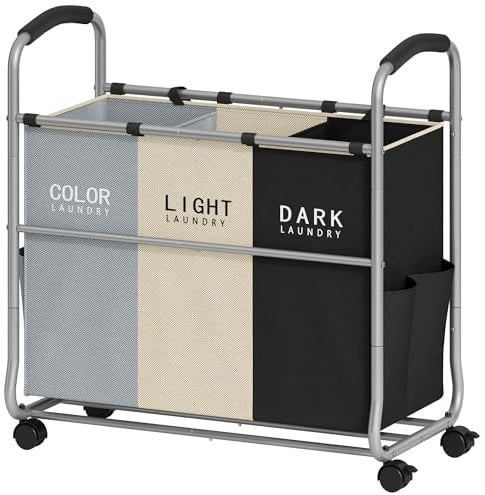 Tajsoon Wäschesammler 3 Fächer, Grau + Beige + Schwarz | Wäschesortierwagen, Robuste feststellbare Räder, Abnehmbare Taschen, Getrennter Wäschekorb