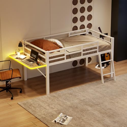 Kinderbett Halbhohes Bett Metallbett 90x200 cm, Etagenbett Hochbett mit Leiter&Schreibtisch mit LED-Lichtband, Einzelbett Stockbett Bettgestell mit Rausfallschutz&Lattenrost, Ohne Matratze, Weiß