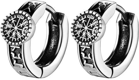 Cupimatch Wikinger Ohrringe Herren Creolen: Edelstahl Norwegischer Kompass Ohrstecker Wikingerrunen Huggie-Ohrringe Amulett Schmuck für Männer Vater Sohn