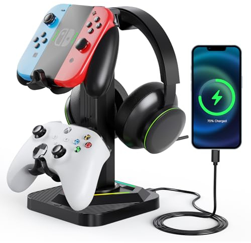 Headphone Stand for Desk, Headset Stand - Controller Holder with USB Charging and Type-C Port, Controller Stand for Gamepad Earphone Accessories