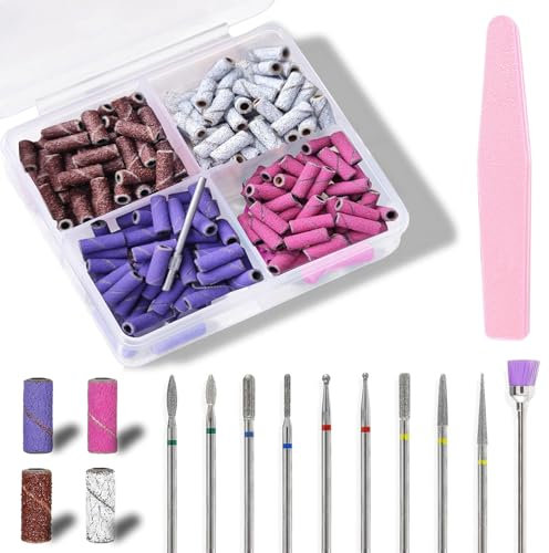 Sanding Nail Drill Bits Kit - 10Pcs 3/32 Universal Nail Drill Bits with 60pcs Sanding Bands (80#120#180#240# Grits) & Sponge Buffer, Nail Gel Polish Remover Tool for Acrylic Nails Manicure Prepare