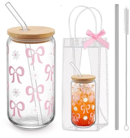 Yamobi Clean Girl Aesthetic Vaso con Tapa y Pajita, Bolsa de Regalo con Lazo Rosa, Incluye Pajita y Cepillo de Limpieza, Regalo de Cumpleaños para Novia, Mamá
