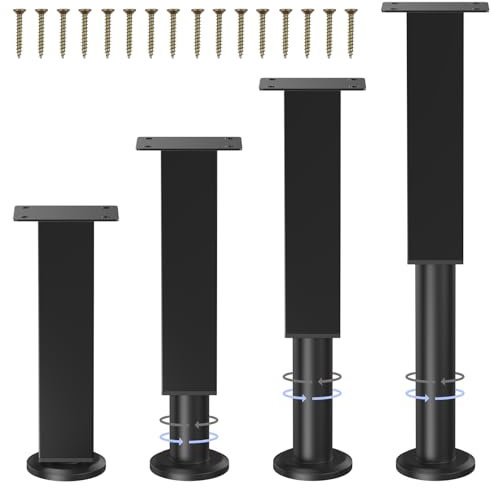 COEWUR 4 Pièces Pieds de Meubles Réglables 18cm-30cm Carré Pied de Sommier Metal avec Vis Noir Pieds Ajustables en Hauteur pour Canapé Armoire Lit Meuble TV Commode Salle de Bain