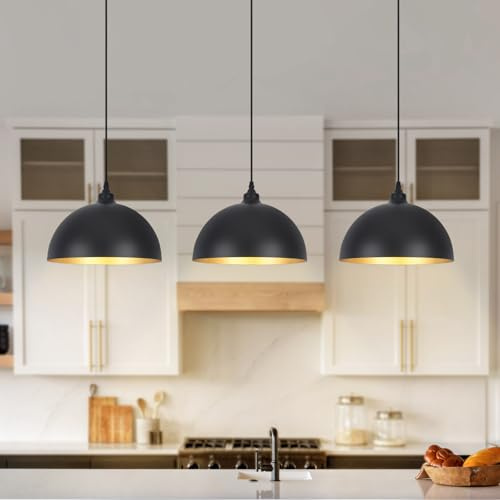 Black Pendant Lights for Kitchen Island, 3 Pack, Metal Shade, Modern, E14