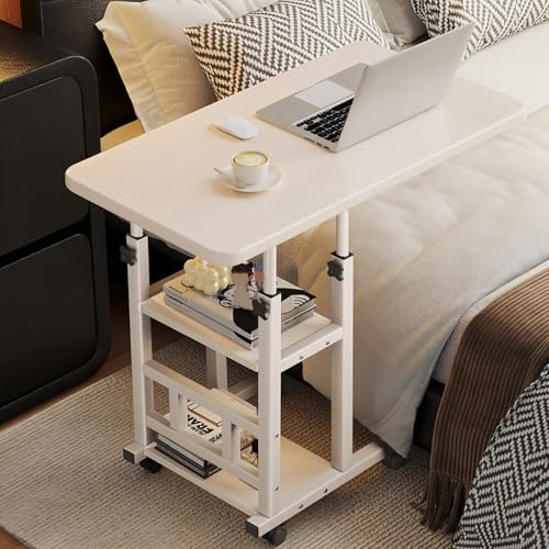 VOLDAX Höhenverstellbarer Schreibtisch Holz mit 2 Regal, Laptoptisch Beistelltisch C Form mit Rollen Sofatisch für Wohnzimmer Schlafzimmer(White,60cm/23.6in)