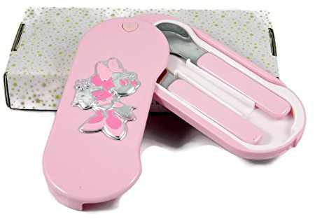 Besteck-Set für Kinder, Mickey und Minnie Maus, Gabel und Löffel mit Besteckhalter, Rosa und Hellblau (Rosa)