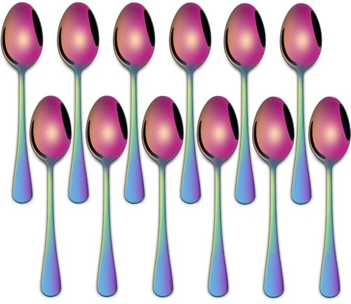 5.5 Inch Espresso & Tea Spoons,Set of 12 Rainbow Stainless Steel Small Coffee Spoons,Multicolored Demitasse Spoon,Mini Seasoning Spoon