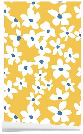 ANBILILA Selbstklebende Tapete, Viktorianisch Aquarell Blumen Gelb Blau Weiß Abziehen und Aufkleben Kontaktpapier, 44,5x500CM Nahtlose Patchwork Abziehbare Tapete Dekofolie für Wandtattoo