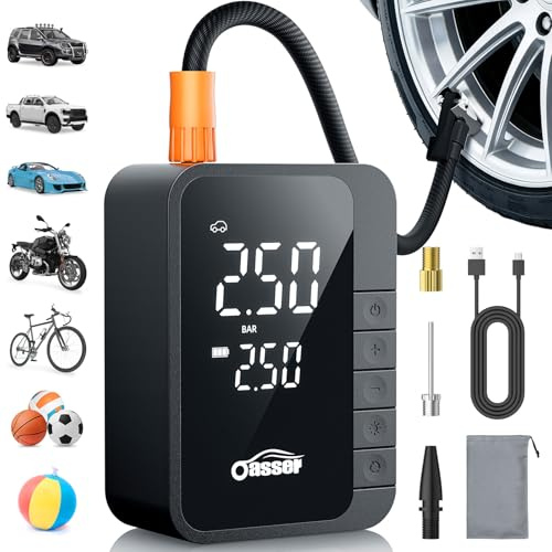 Oasser Mini Compressore Aria Portatile 150 PSI(10,3Bar), 6000mAh, Schermo LCD Doppio, Cilindro 19mm, Torcia LED,Type-C USB Ricaricabile e Borsa, Dotato di Tubo Flessibile da 30 cm e Borsa