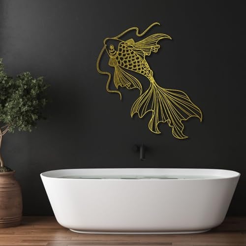 Metall-Wandkunst: Goldfisch-Wanddeko, Goldfisch, Fisch-Wanddeko, Tier, Ozean, Wanddeko für Wohnzimmer, Badezimmer (Gold, 76 x 55 cm)