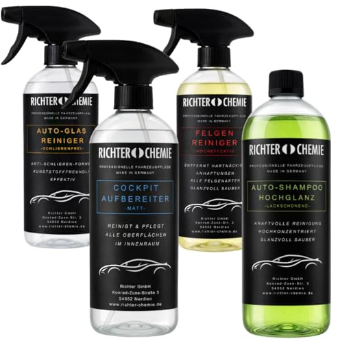 Richter Chemie Auto Pflegeset, 4 x 1 L, für Lack, Glas, Felgen & Innenraum | Enthält Auto-Shampoo Hochglanz, Glasreiniger, Felgenreiniger & Cockpit Aufbereiter Matt; für PKW, SUV & Motorrad