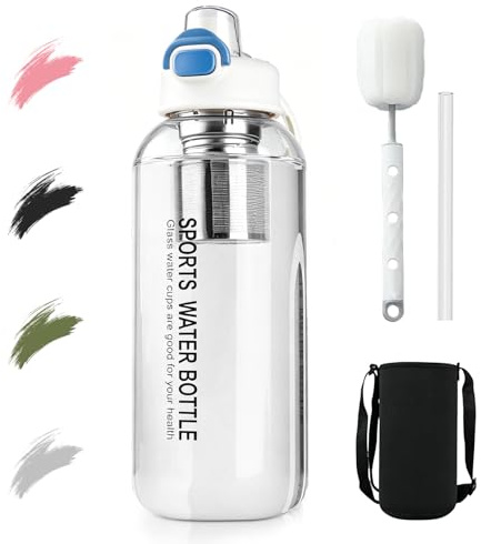 BOYIFEIJIE Botella de cristal de 1,5 litros con pajita y colador de té, botella grande de cristal de borosilicato, a prueba de fugas, botella de agua reutilizable para deportes, oficina, escuela