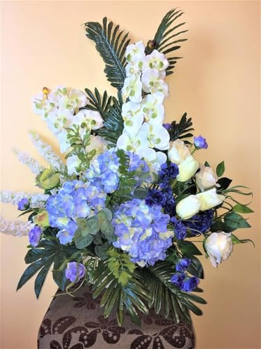 LBA Zentrum für weiße Orchideen und blaue Hortensien, künstliche Blumen und Pflanzen, sowohl für Haus als auch für Friedhof, Maße: 85 x 85 cm.