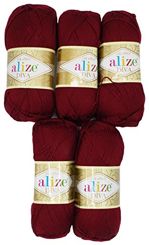 5 x 100 Gramm Wolle Diva Batik einfarbig, 500 Gramm merzerisierte Strickwolle microfiber-Acryl (bordeaux 57)
