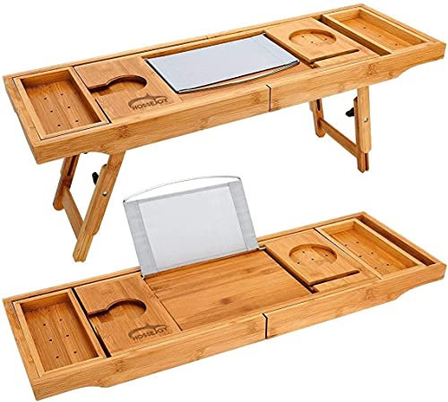 Badewanne Caddy & Laptop-Bett Schreibtisch - 2 in 1, Badewanne Tablett integriertem Ständer für Bücher oder Tablets, Badewanne Halter und Organizer mit Smartphone und Weinglas Halter, Tablet-Halter
