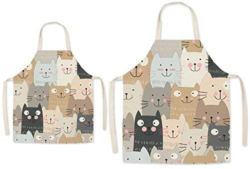 Eyand Eltern-Kind-Schürze für das Kochen - super nettes Muster Baumwolle und Leinen Küchenschürze für Mom Kinder, Kochen Malerei Gartenschürze (Katze)