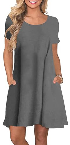 Yming Damen Kurzarm Kleid mit Taschen Kleid Lose T-Shirt Kleid Rundhals Casual Kleid Mini Kleid Grau M/DE 38-40
