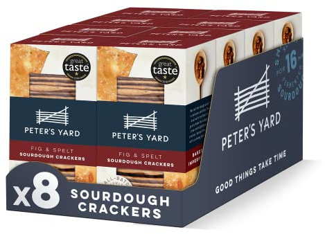 Peter's Yard Sourdough Crackers, Fig and Spelt, Great with Chutney and Cheese, High Fibre, Natural Ingredients, Pack of 8 x 100g Boxes