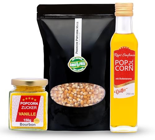 Hopser Food Fun Partyset 500g Premium Puffmais,250ml Popcornöl mit Butteraroma und 150g Popcorn Vanille Zucker Popcornset für Popcornmaschine