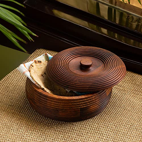 ExclusiveLane 'Ripples of Wood' Handcrafted Sheesham Wooden Tortilla Chapati Box Indian for Storing Roti, Chapati, Bread | Hot Pot Casserole Dish with Lid, Chapati Keeper/Warmer (1350 ML)
