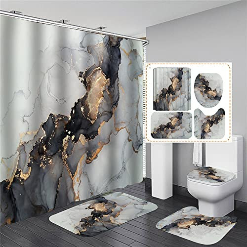 Hearda 4 Pièces Ensemble de Rideaux de Douche Modernes 3D Imprimé Teinture Cravate avec Tapis Antidérapants, Couvercle de Toilette et Tapis de Bain, Rideau de Douche avec 12 Crochets (4PC,Or Noir)
