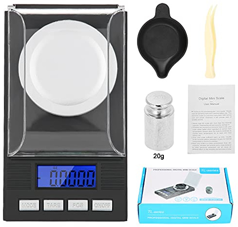 Schmuckwaage 0.001g Taschenwaage Digital 20g LED Display Gold Edelsteine | 6 Einheiten, Tara-Funktion, Kalibrierung, Stückzählung, Auto-Off, Blaue Hintergrundbeleuchtung Portable 11.5cm