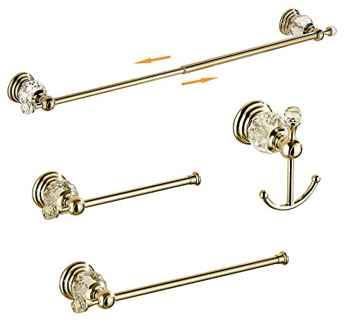 Set di accessori da bagno in cristallo, portasciugamani regolabile, porta rotolo di carta igienica, porta asciugamani a mano, gancio, set di accessori da bagno in oro (oro brillante)