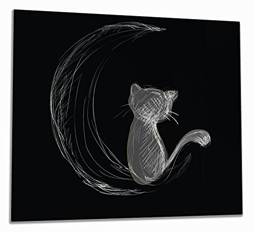Wallario Herdabdeckplatte/Spritzschutz aus Glas, 1-teilig, 60x52cm, für Ceran- und Induktionsherde, Katze sitzt auf dem Mond - illustriert in weiß auf schwarz