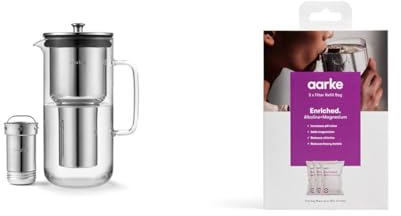 Aarke Purifier, Water Filter Jug in Glass and Stainless Steel, 2.4L / 10 Cups & 3-Pack Enriched Filter Refill Bags – Increases The pH Value, Adds Magnesium