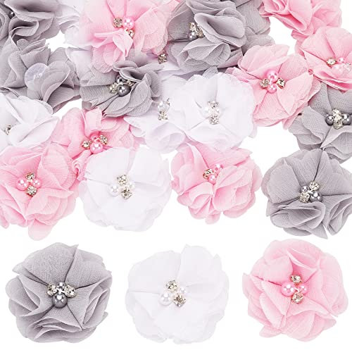 craspire 24 STÜCKE Chiffon Blumen Strass Perlen Seidenblumen Rosa Weiß Grau Stoffblumen DIY Basteln Zubehör Für Haarschleife Stoff Brosche Brautdekoration