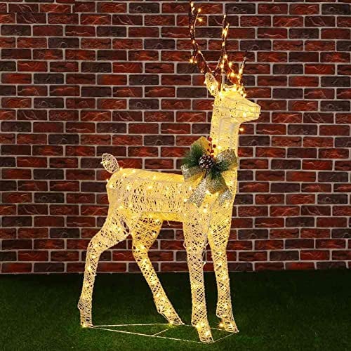 Bakaji Reno navideño luminoso para exterior 240 luces LED blanco cálido adornos lazo Navidad ciervo estructura de metal 3D y trenzado cuerda transparente con temporizador de jardín altura 130 cm