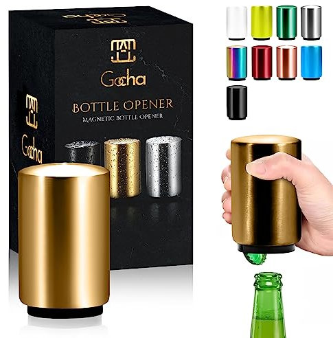 GOCHA Gadgets | Magnetic Bottle Opener | Bottle Cap Opener | Automatic Magnetic Beer Opener | Stainless Steel Magneitc Bottle Cap Catcher | Push & Pull Magnet Bottle Opener | Pack of 1 (Gold)