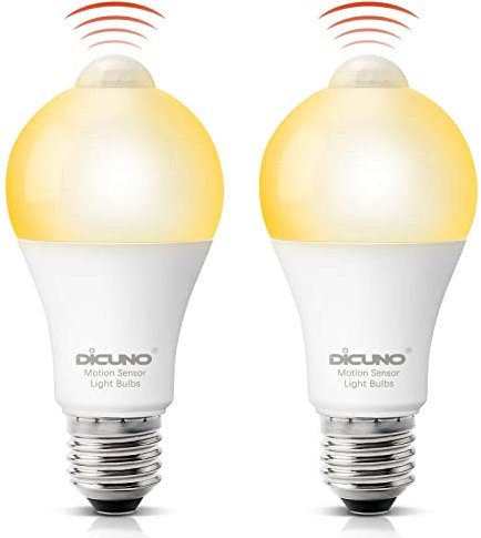 DiCUNO PIR Motion Sensor Bulb, Warm White 2700K, 12W, 1100LM (100W Equivalent), E27 ES LED, Automatically On/Off, 100V-240V Light Sensor LED Bulbs for Porch, Garden, Patio, Security Lighting