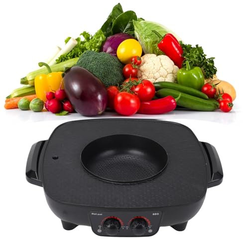Electric Grill and Hot Pot 2 in 1, Korean BBQ Grill Hotpot with Dual Temperature Control 1600W Multi-function Hot Pot Cooker, for Picnic Kitchen Dinner Party Smokeless Non-stick Pan
