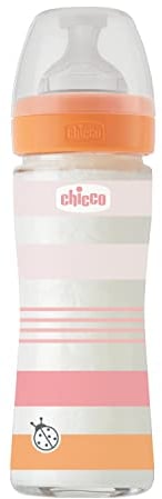 Chicco Biberon Bien-Être Débit Lent, Tétine Physio en Silicone Souple et Doux, Système Anti-Colique, Réduit les Régurgitations et L'Irritabilité, Biberon en Verre de 240 ml, 0 Mois et plus, Rose