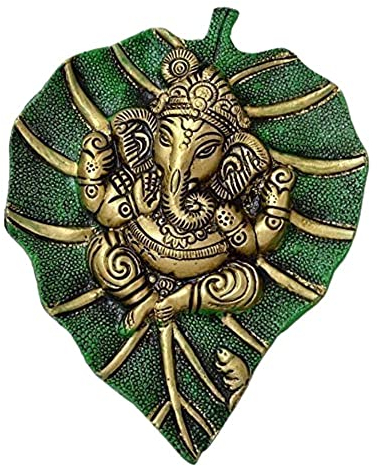 Craft Trade Wanddekoration Kupfer Metall Ganesh Ganpati auf einem Paan Patta-Blatt Idol Vastu Artikel Glücklich Wandbehang Statue für Dekor Zuhause Wohnzimmer und Schlafzimmer- Grün