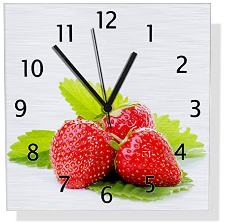 Wallario Design Wanduhr Frische rote Erdbeeren für die Küche aus Aluverbund, Alu-Uhr Größe 30 x 30 cm, Schwarze Zeiger mit Metalloptik