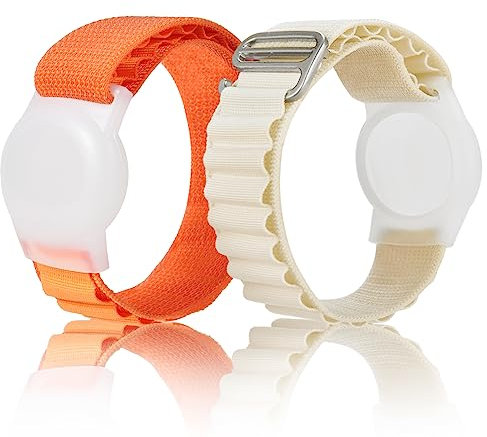 AirTag Wristband Kids(2 Pack), Fhtase Nylon Airtag Pulsera Compatible con Apple Air Tag, Ajustable Anti Lost Watch Band para Niños Pequeños, Niños y Niñas(Starlight,Orange)