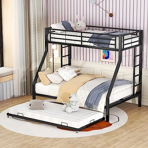 Metallbett Etagenbett 90x200cm Und 140×200cm Mit Ausziehbett Für 3-4 Personen, Kinderbett Jugendbett Mit Rausfallschutz Und Leiter Auf Beiden Seiten Für Kinder, Jugendliche, Erwachsene (Schwarz)