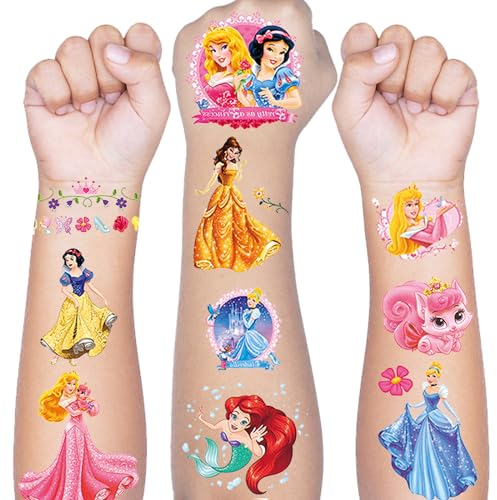 Tattoo Kinder, 8 Blätter Prinzessin Temporäre Tattoo Aufkleber Set für Mädchen Jungen Kindertattoos Wasserdicht für Geburtstagsgeschenke Kindergeburtstag Mitgebsel Festival Party Deko