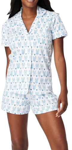 Qianderer Damen-Pyjama-Set mit süßem Aufdruck, zweiteilig, Y2k, kurzärmelig, Nachtwäsche, Loungewear, 2-teiliges Pyjama-Set, Bc Bunnies Weiß, 38