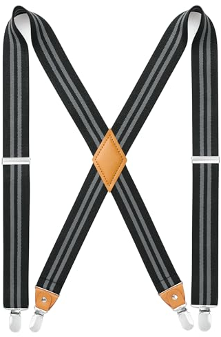 HISDERN Herren 3,5 cm breiter Hosenträger in X-Form mit sehr Starken 4 Metall Clip für Männer und Damen elastisch und verstellbar Blau Grau Streifen