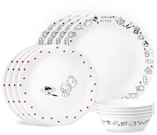 Corelle Vitrelle Hello Kitty 12-PC Dinnerware Set, Service for 3, Triple Layered Glass, Anti-Chip Durable Lightweight Plate and Bowl Set