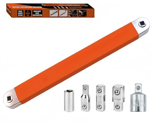 RZKNIP Offset-Verlängerungsschlüssel, Nullgrad-Ratschenverlängerungs-Set enthält 1/2 Zoll, 1/4 Zoll & 3/8 Zoll Antriebsadapter, ideale Universal-Ratschenverlängerungen für enge Räume (Orange)