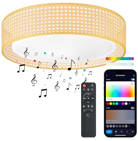 Plafón SmartLED Ksix Bohemia, Diseño ratán, Altavoz 3W integrado, RGBIC + CCT, Ø46 cm, 4.000 lm, 35 W, App Tuya, Blanco