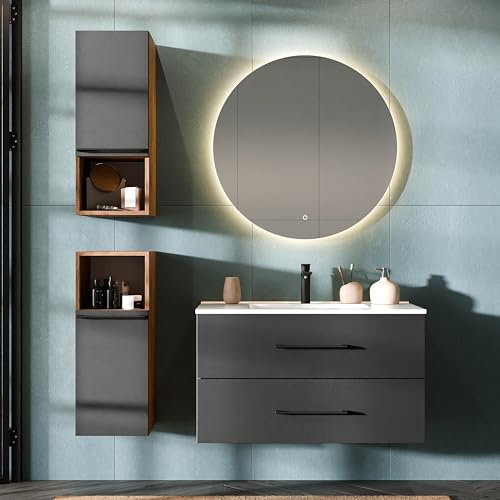 Planetmöbel LUX Badmöbel Set Waschtisch mit Waschbecken 90 cm, Spiegel mit Beleuchtung rund 80 cm (Touch-Funktion), 2X Midischrank 75 cm, Gold Eiche/Anthrazit