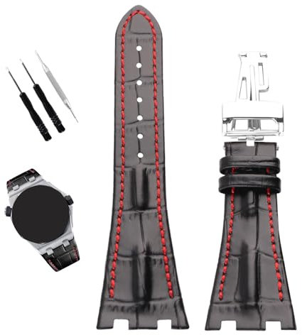 XIW Ersatz-Lederarmband für Herren, kompatibel mit 28 mm Audemars Piguet AP Royal Oak Offshore-Uhr 15703, 15710, 15400, 26470, 26400, 26400, Braun (schwarzes Band, rote Linie)