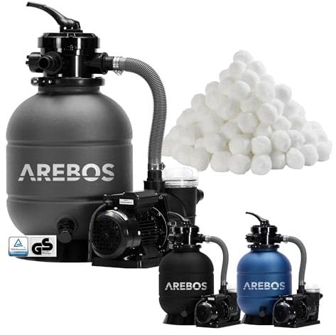 Arebos Sand Filter System with Pump incl. 700g Filter Balls | Grey | 400W | 10,200 L/h | Tank Volume up to 27,5 kg Sand | 7-Way Valve with Handle | with Pressure Gauge | Pool Filter